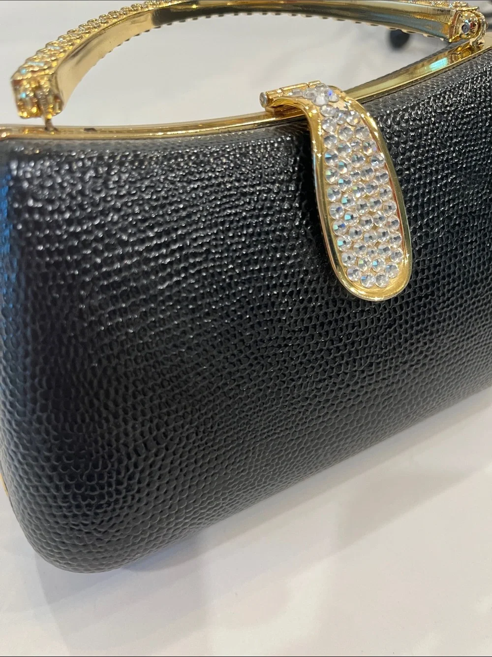 Black Crystal-Accent Evening Top-Handle Clutch